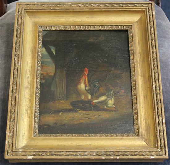 19th century Dutch School Chickens in a barn, 8.5 x 6.5in.